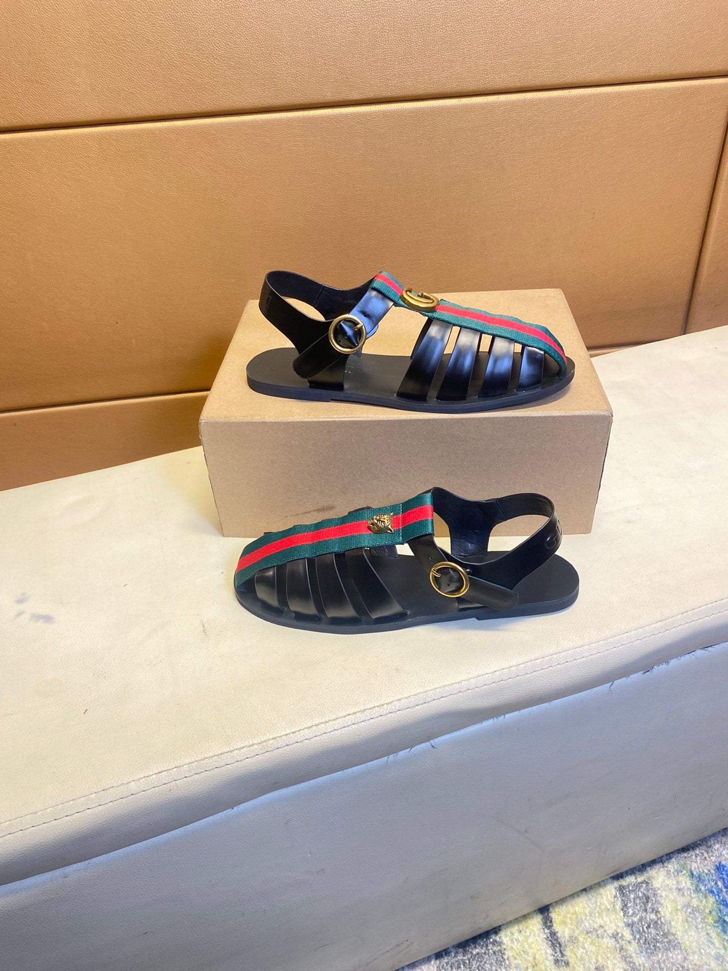 GG Men's Web Sandals Black Cowhide 743278