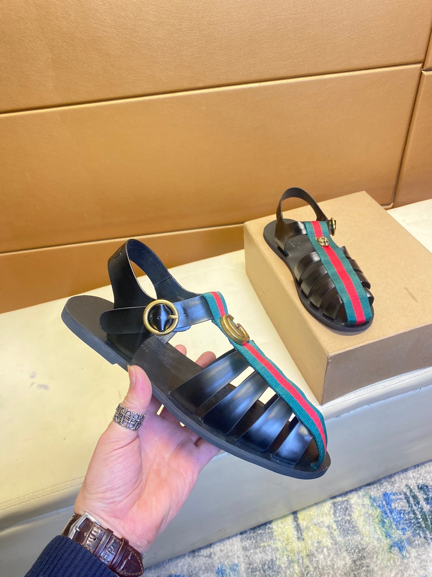 GG Men's Web Sandals Black Cowhide 743278