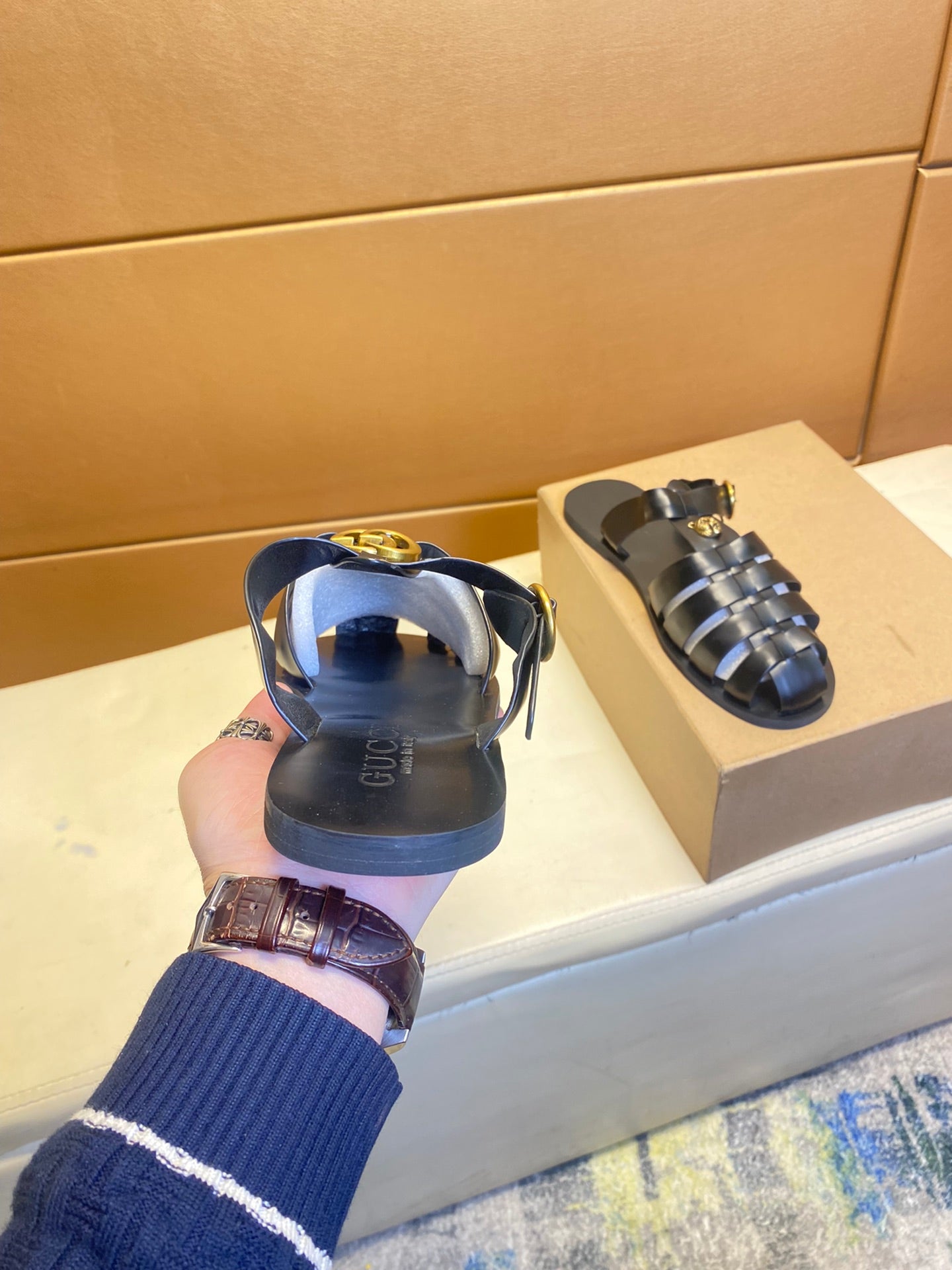 GG Men's Sandals Black Cowhide