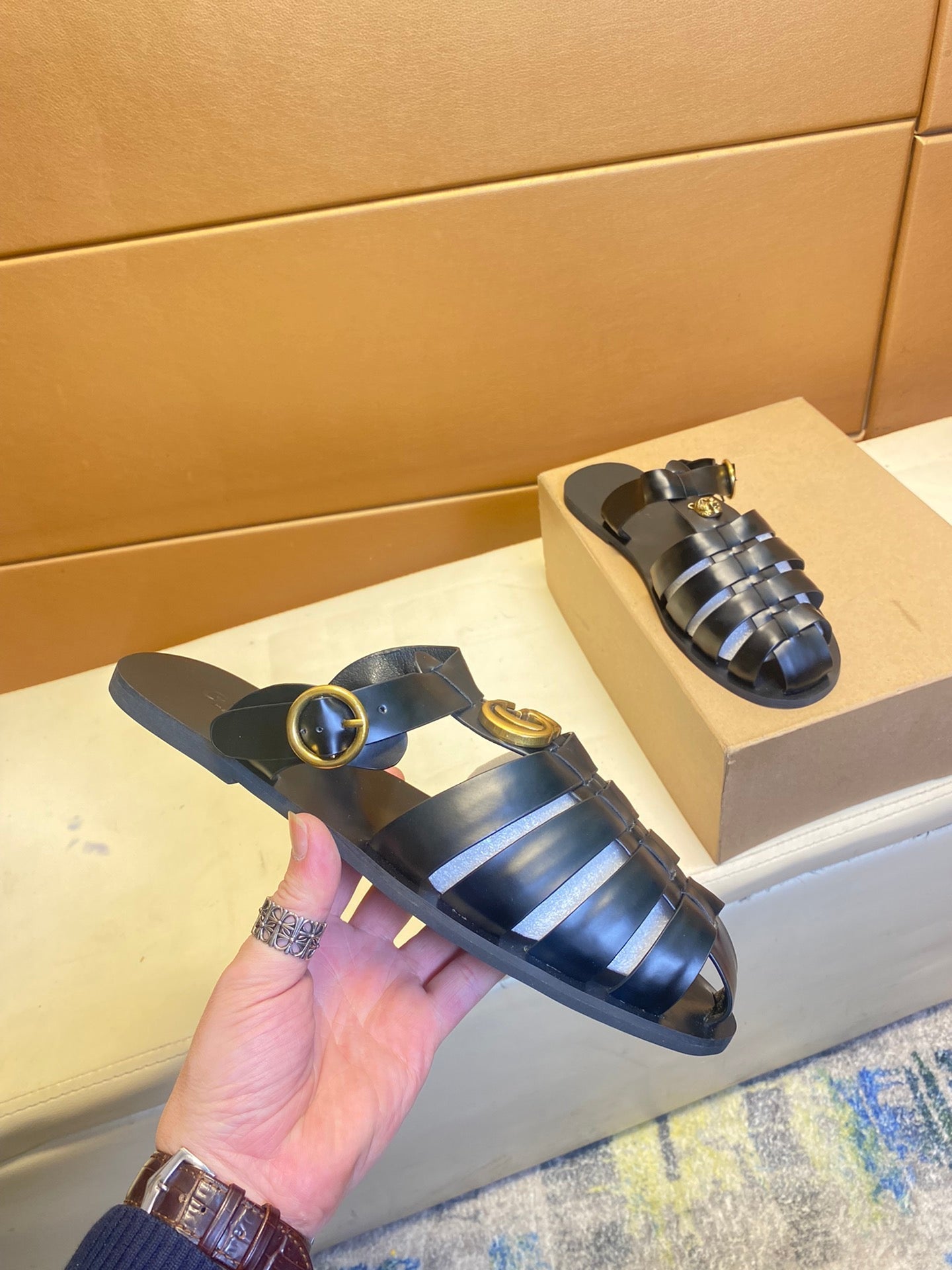 GG Men's Sandals Black Cowhide