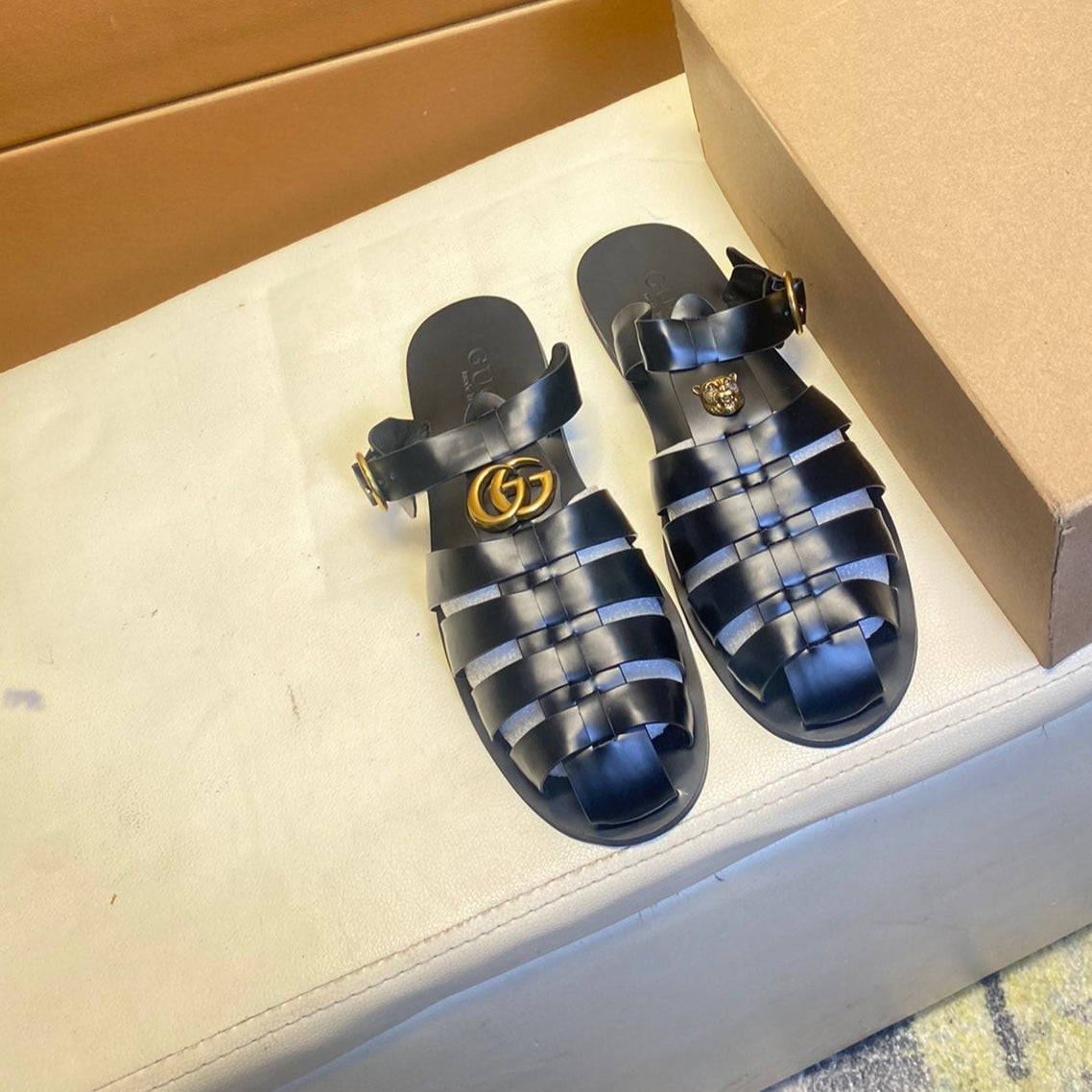 GG Men's Sandals Black Cowhide