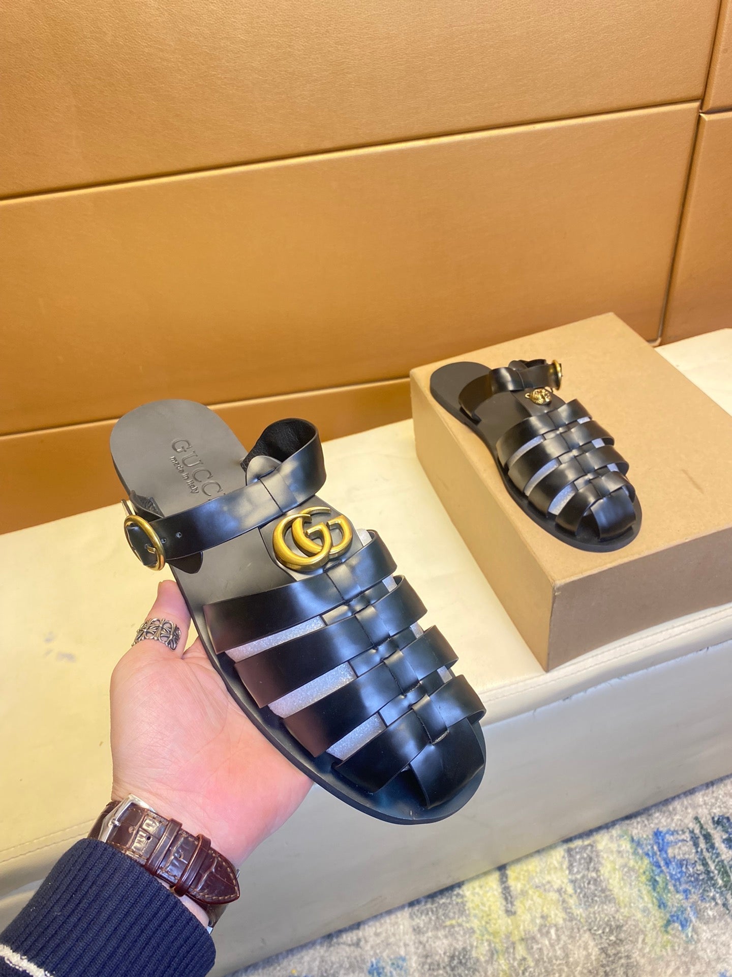 GG Men's Sandals Black Cowhide