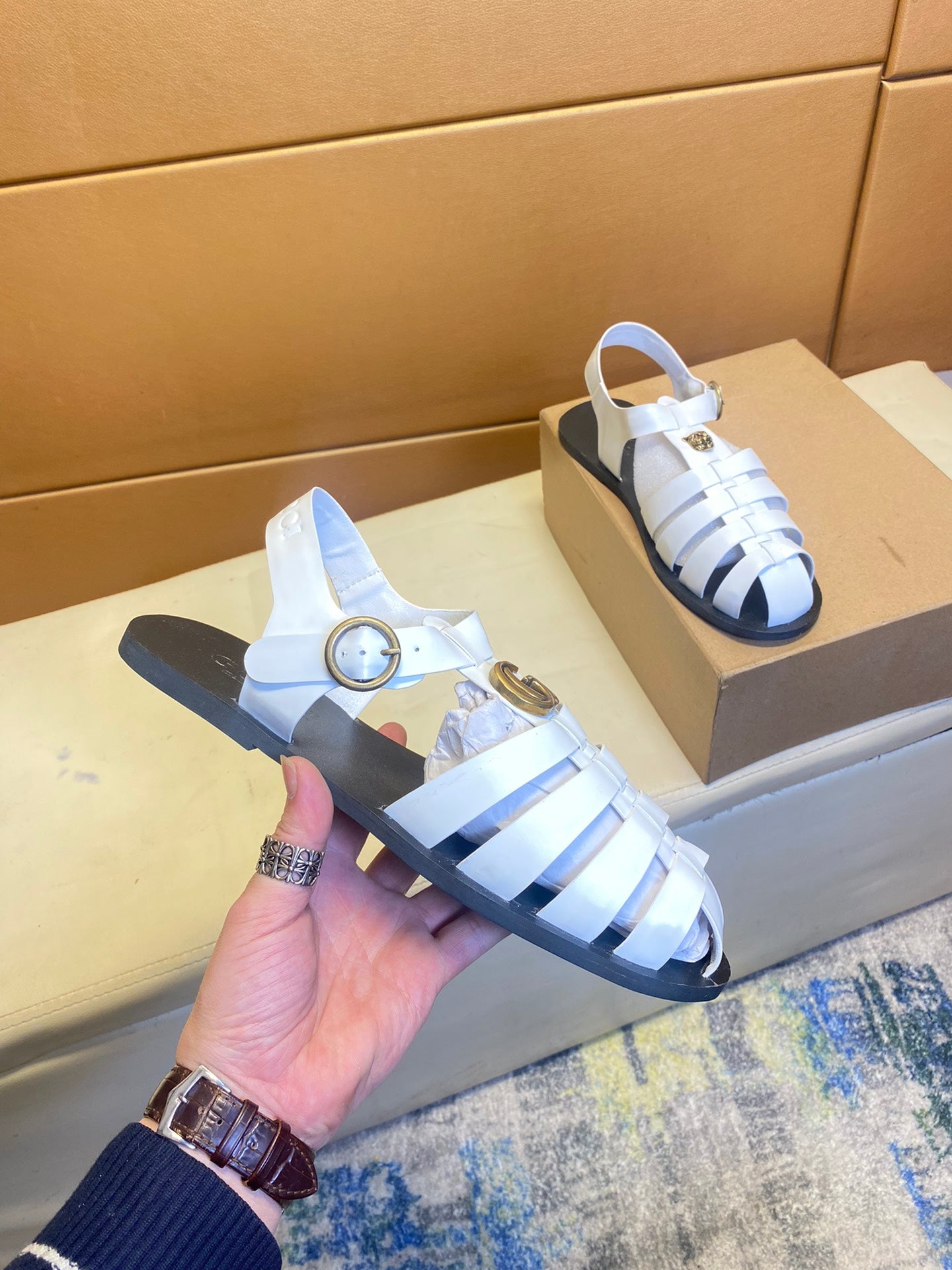 GG Men's Sandals White Cowhide 743277