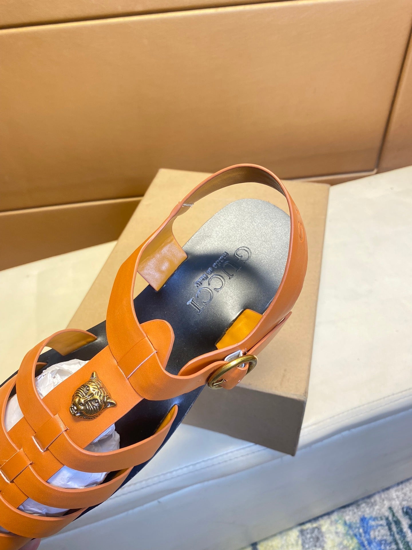 GG Men's Sandals Orange  Cowhide 743279