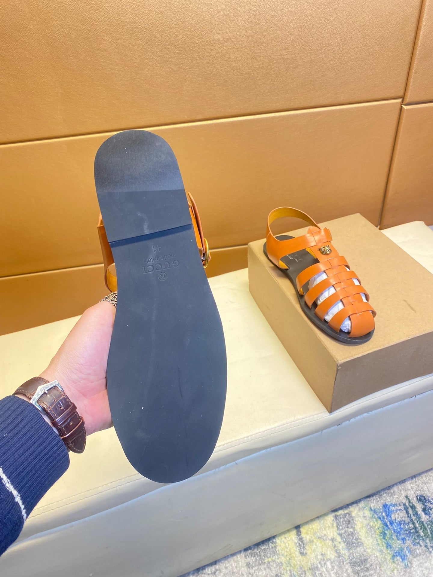 GG Men's Sandals Orange  Cowhide 743279