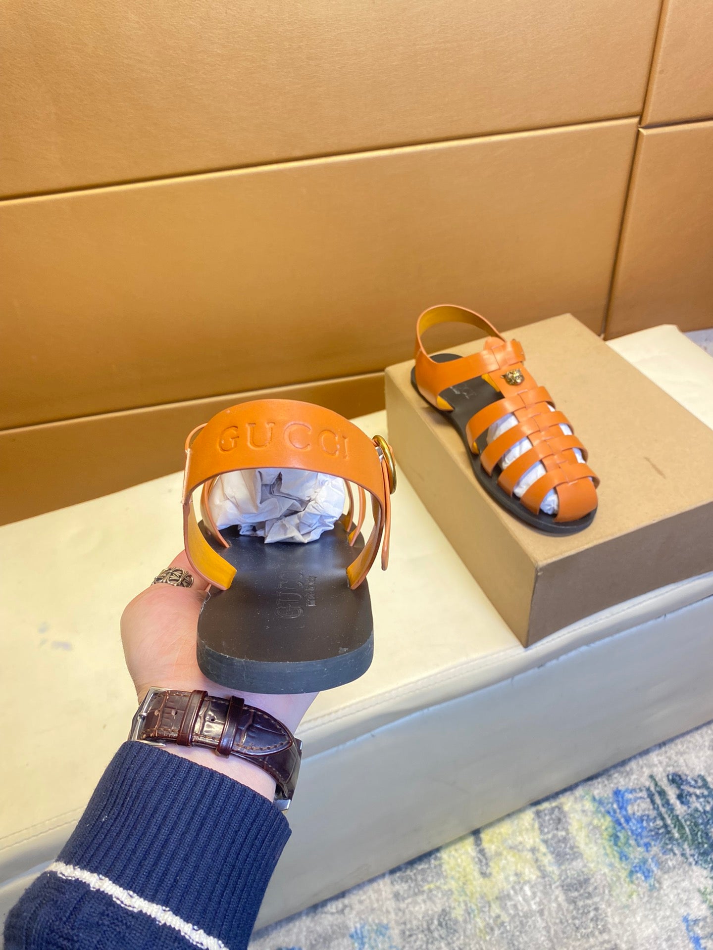 GG Men's Sandals Orange  Cowhide 743279