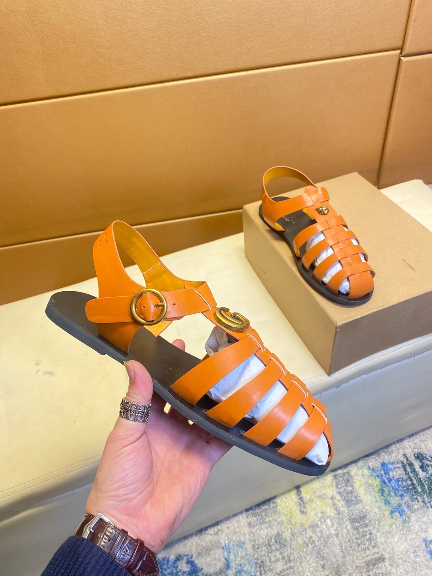 GG Men's Sandals Orange  Cowhide 743279