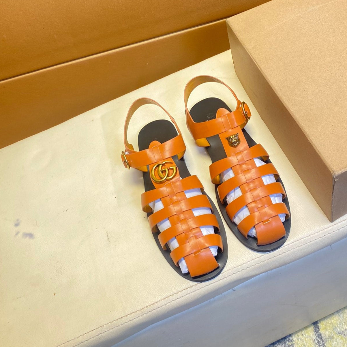 GG Men's Sandals Orange  Cowhide 743279