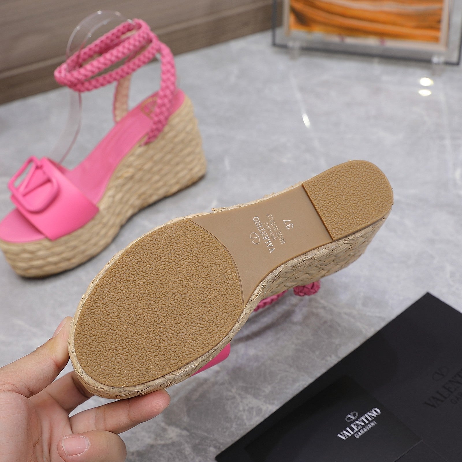 VT Wedge Platform Sandals Pink Cowhide Espadrilles