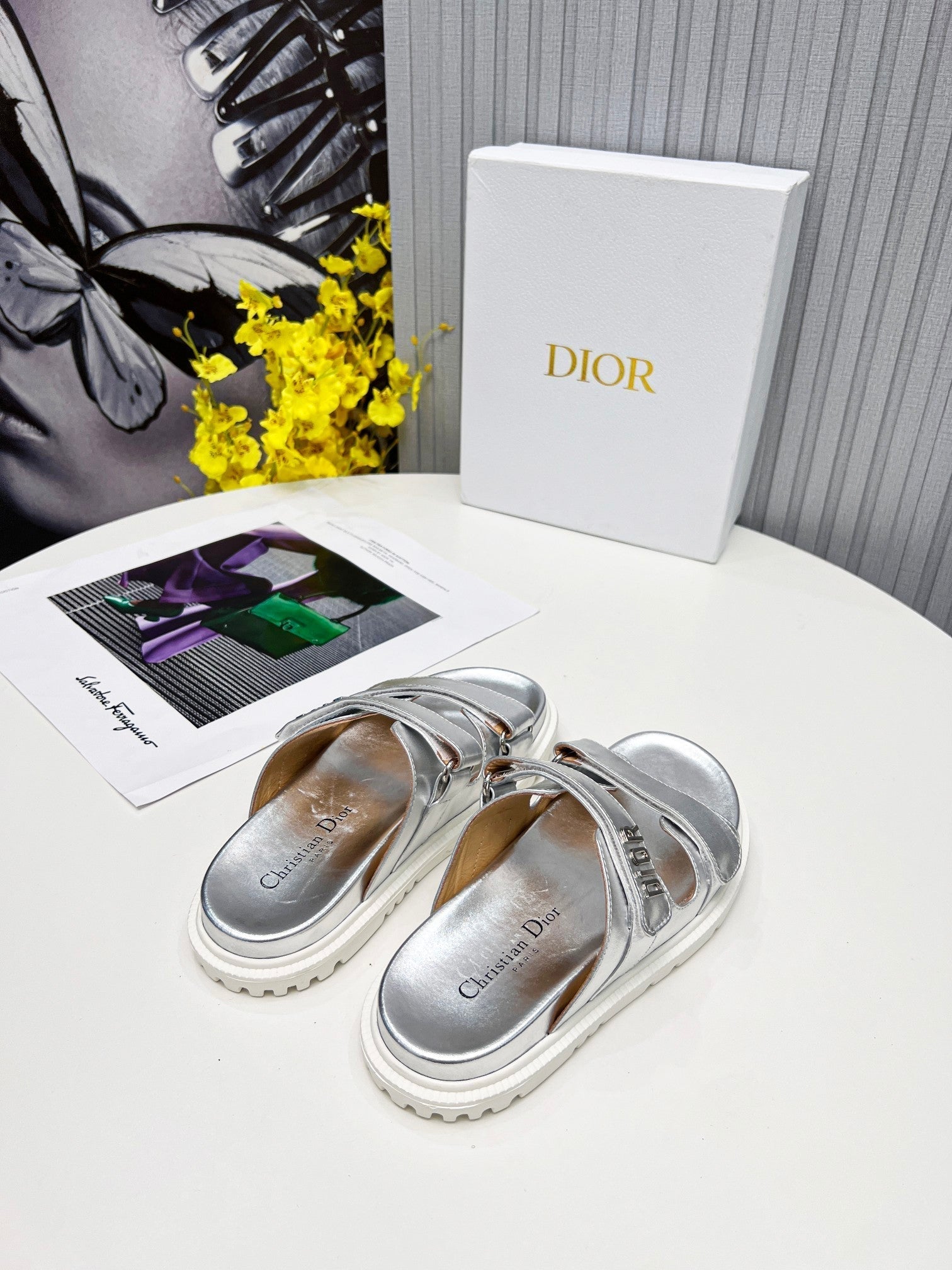 cd dioract dad sandal mule silver metalic lambskin