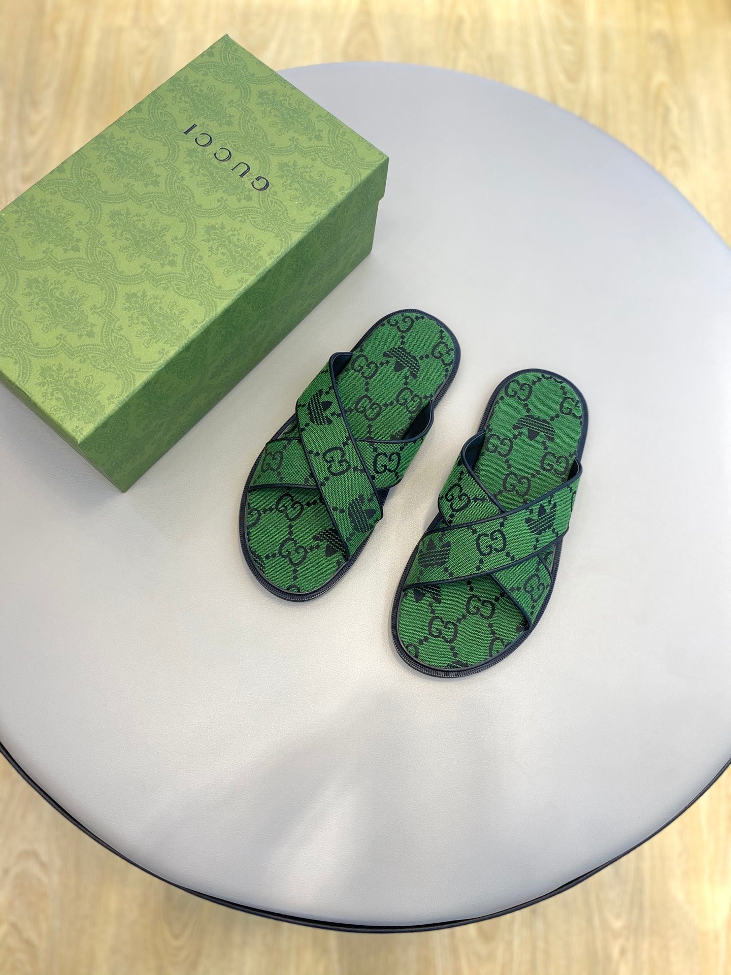 GG x Adidas Men's Sandals Slide Green Canvas 558905