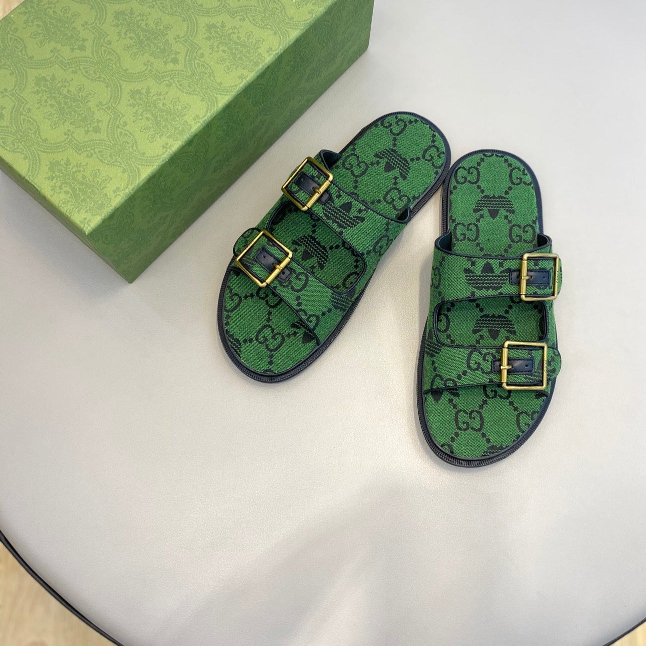 GG x Adidas Men's Sandals Slide Green Canvas 558906