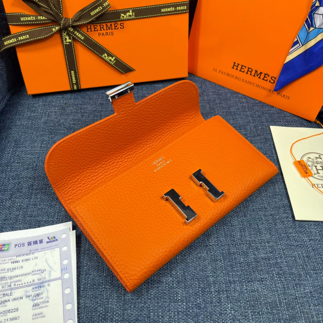 HM CLUTCH CONSTANCE 22 ORANGE CALFSKIN SILVER HARDWARE