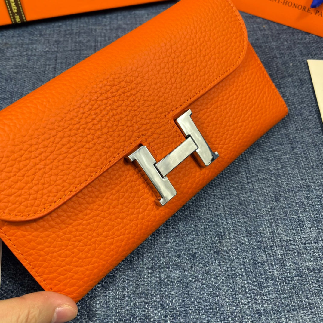 HM CLUTCH CONSTANCE 22 ORANGE CALFSKIN SILVER HARDWARE