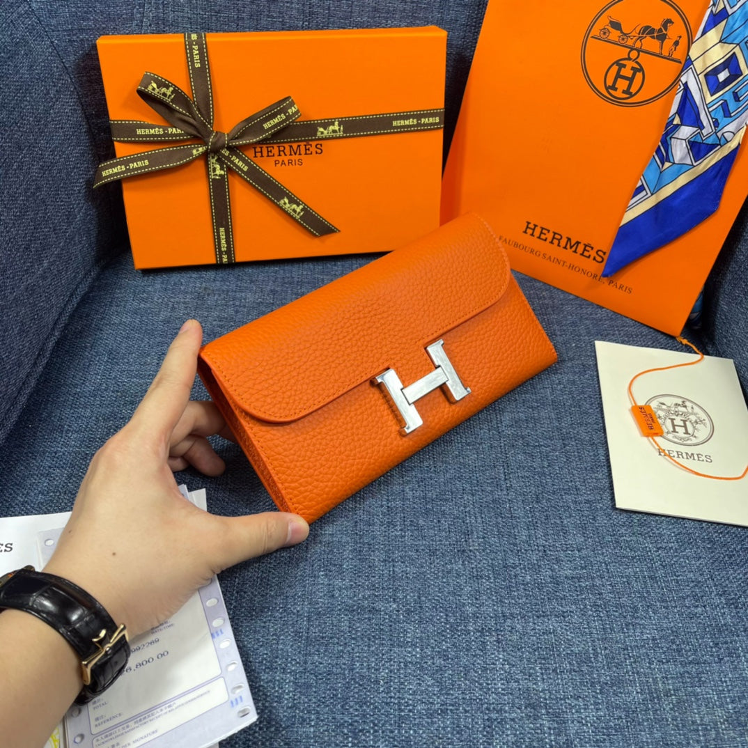 HM CLUTCH CONSTANCE 22 ORANGE CALFSKIN SILVER HARDWARE