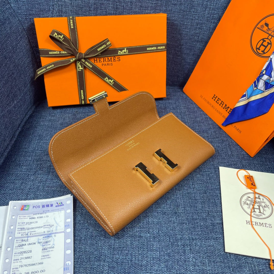 HM CLUTCH CONSTANCE 22 BRONZE CALFSKIN GOLD HARDWARE