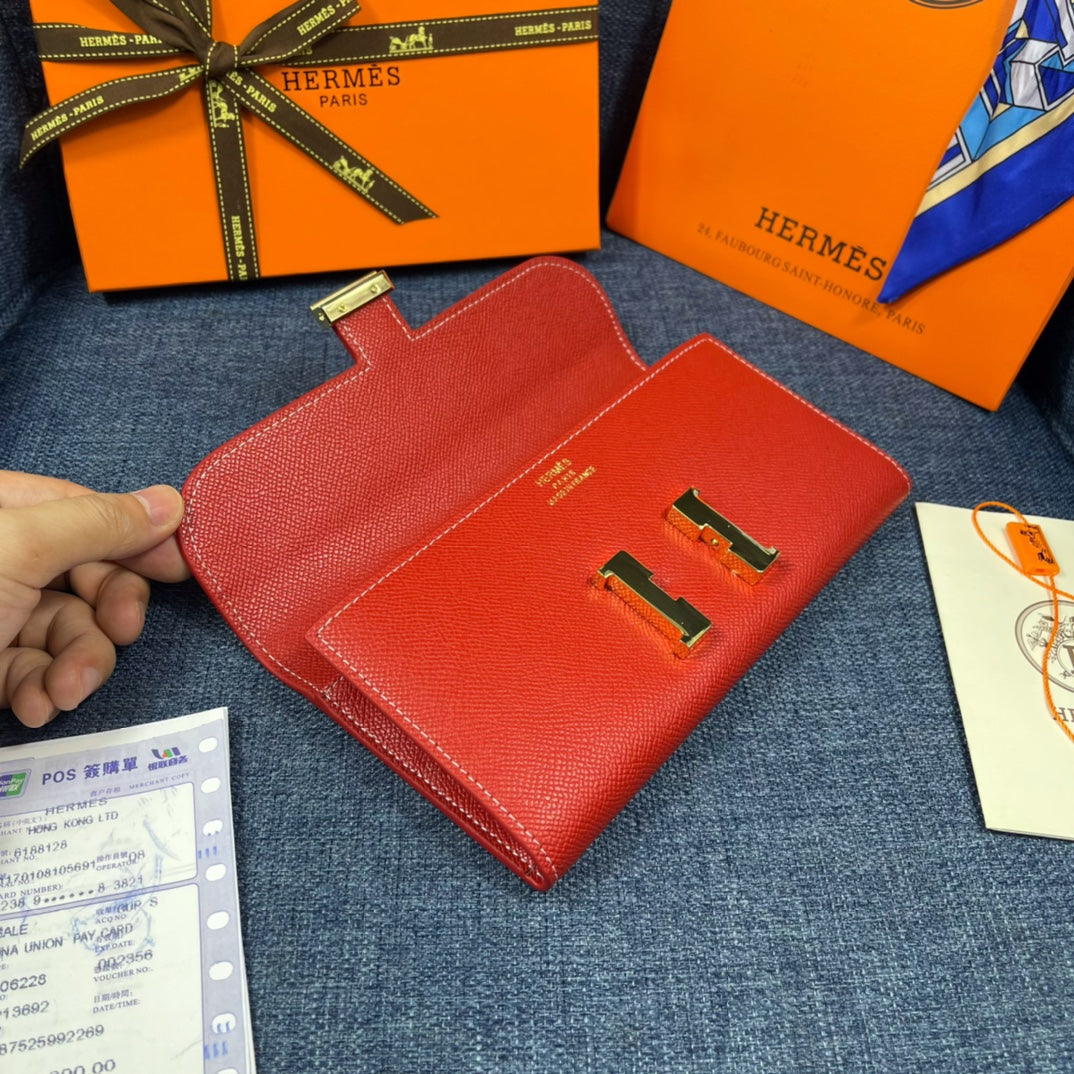 HM CLUTCH CONSTANCE 22 RED CALFSKIN GOLD HARDWARE