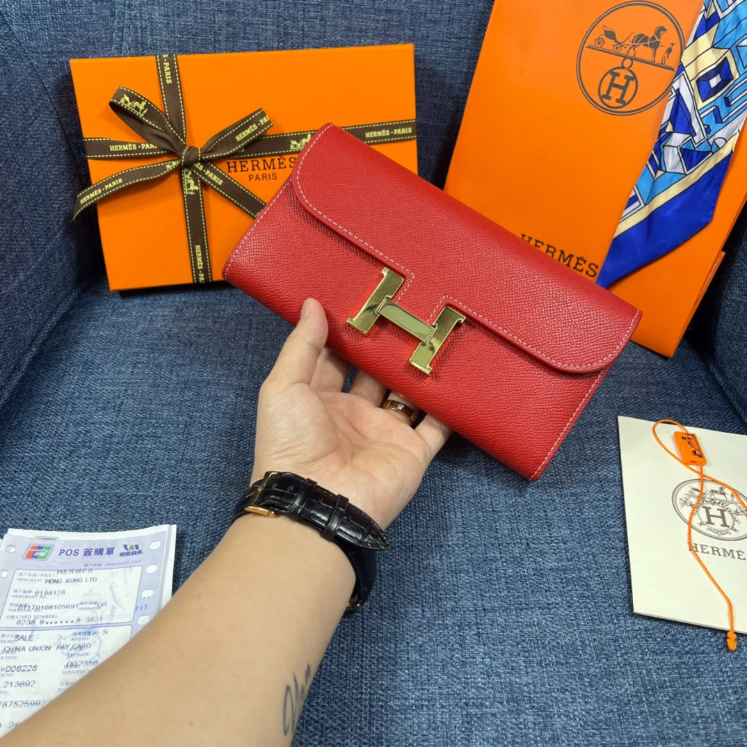 HM CLUTCH CONSTANCE 22 RED CALFSKIN GOLD HARDWARE