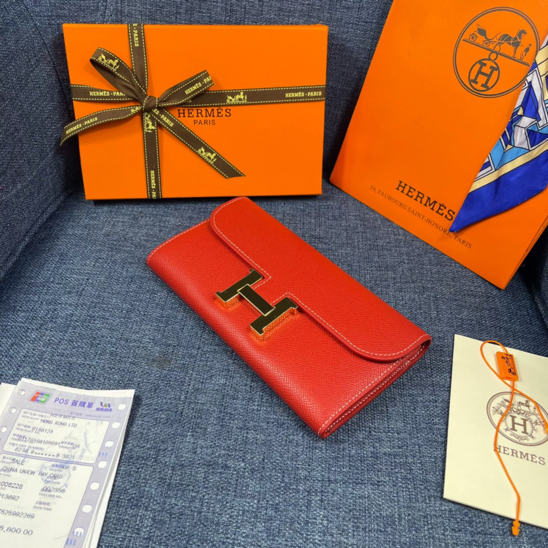 HM CLUTCH CONSTANCE 22 RED CALFSKIN GOLD HARDWARE