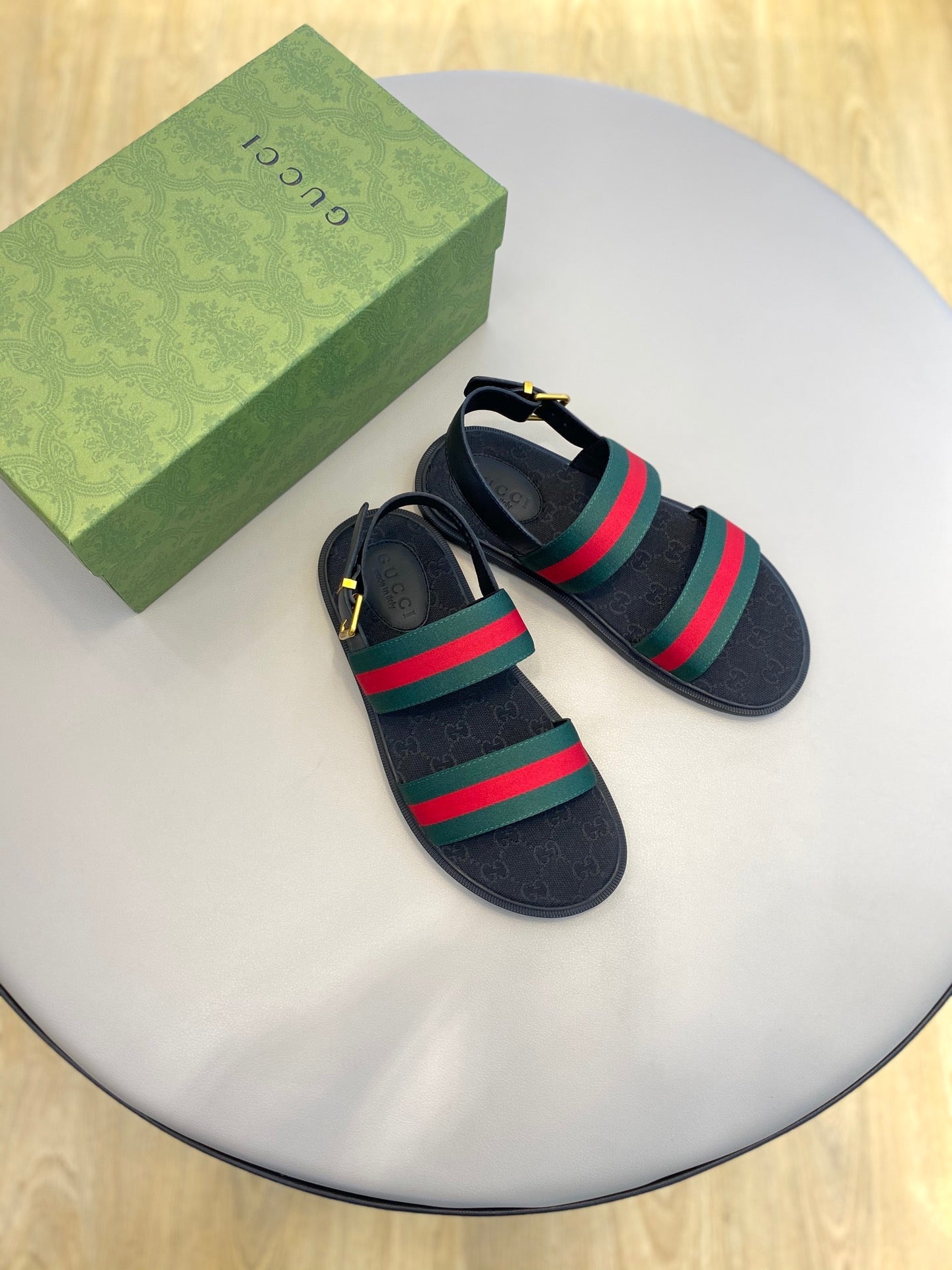 GG Men's Web Sandals Black Green Canvas 558892