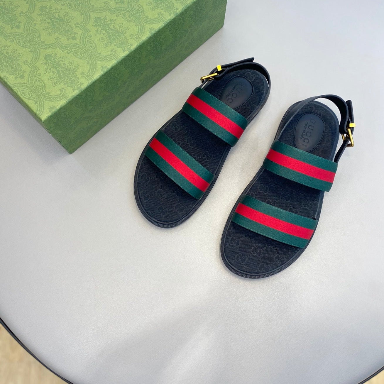 GG Men's Web Sandals Black Green Canvas 558892