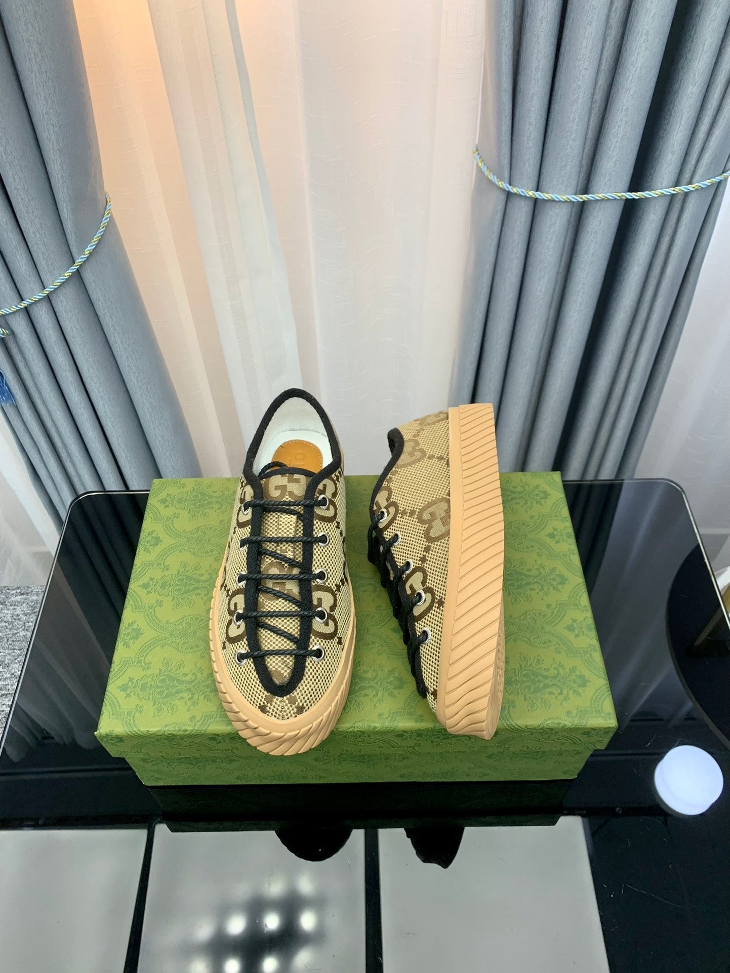 GG UNIQUE SNEAKER THICK-SOLE STRAW COLOR CANVAS