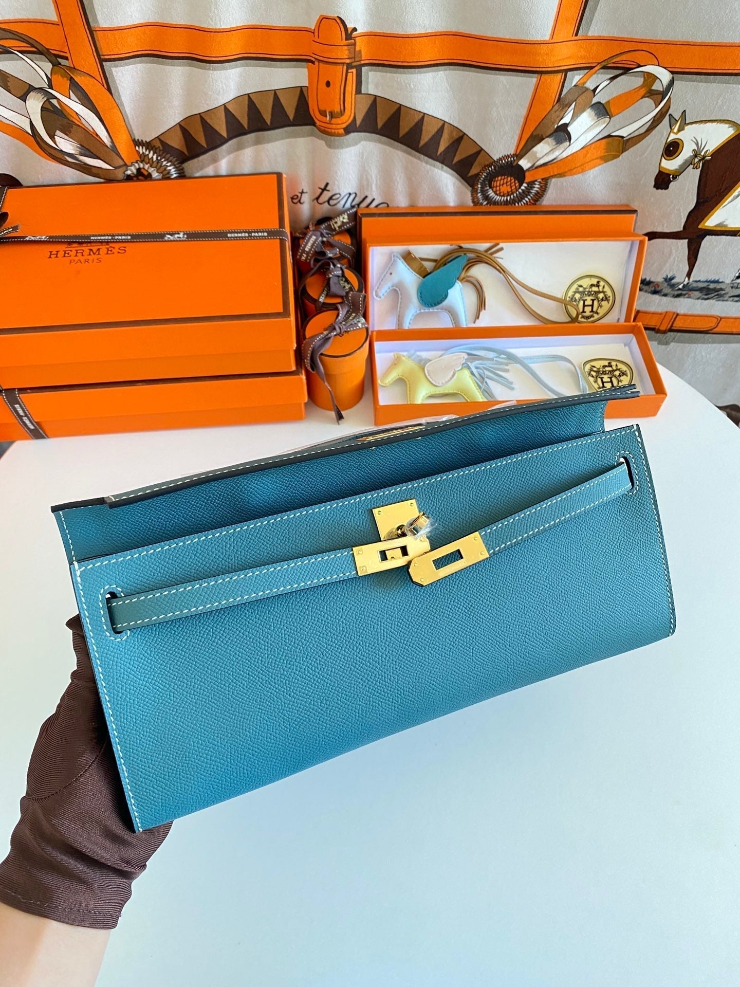HM Kelly Cut 31 Teal Blue Epsom Leather Gold Hardware 229062