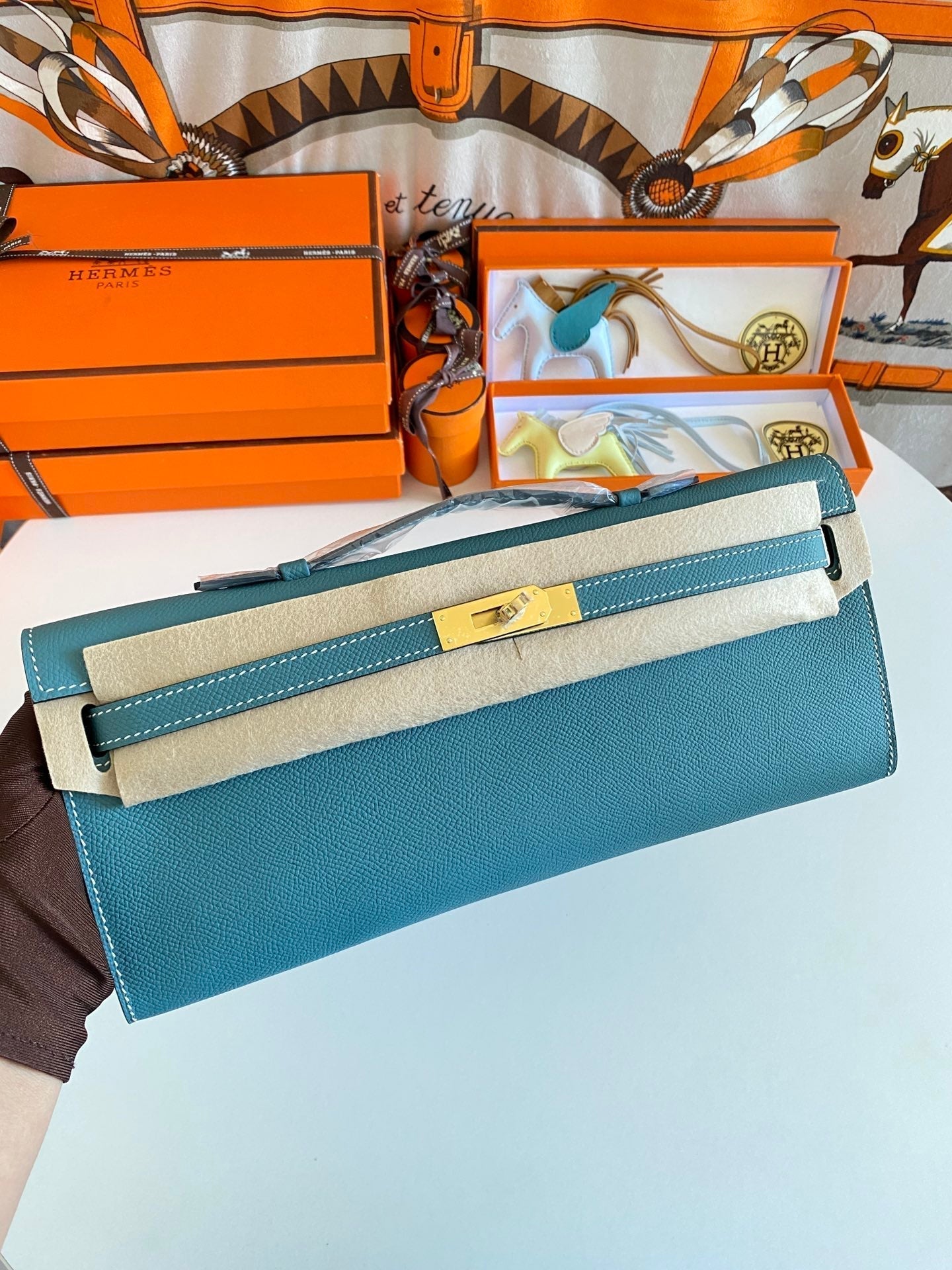 HM Kelly Cut 31 Teal Blue Epsom Leather Gold Hardware 229062