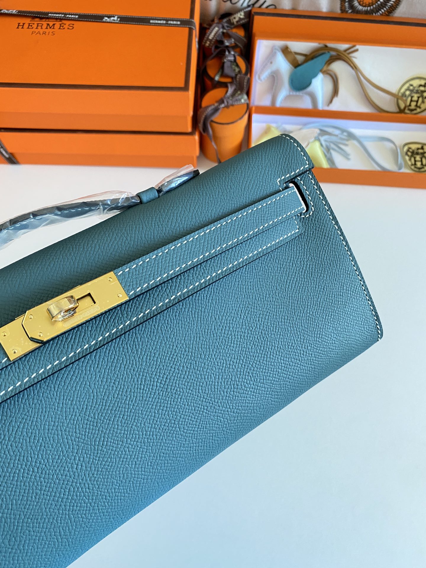 HM Kelly Cut 31 Teal Blue Epsom Leather Gold Hardware 229062