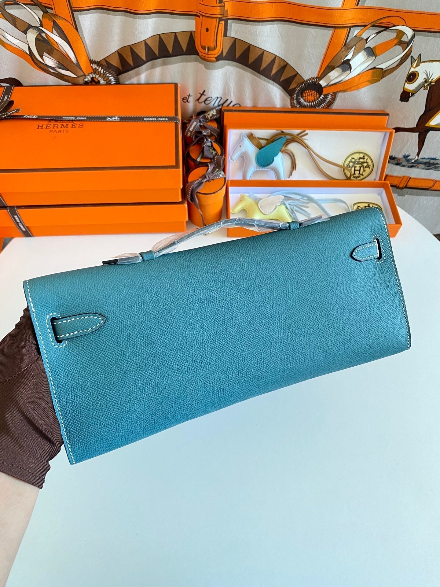HM Kelly Cut 31 Teal Blue Epsom Leather Gold Hardware 229062