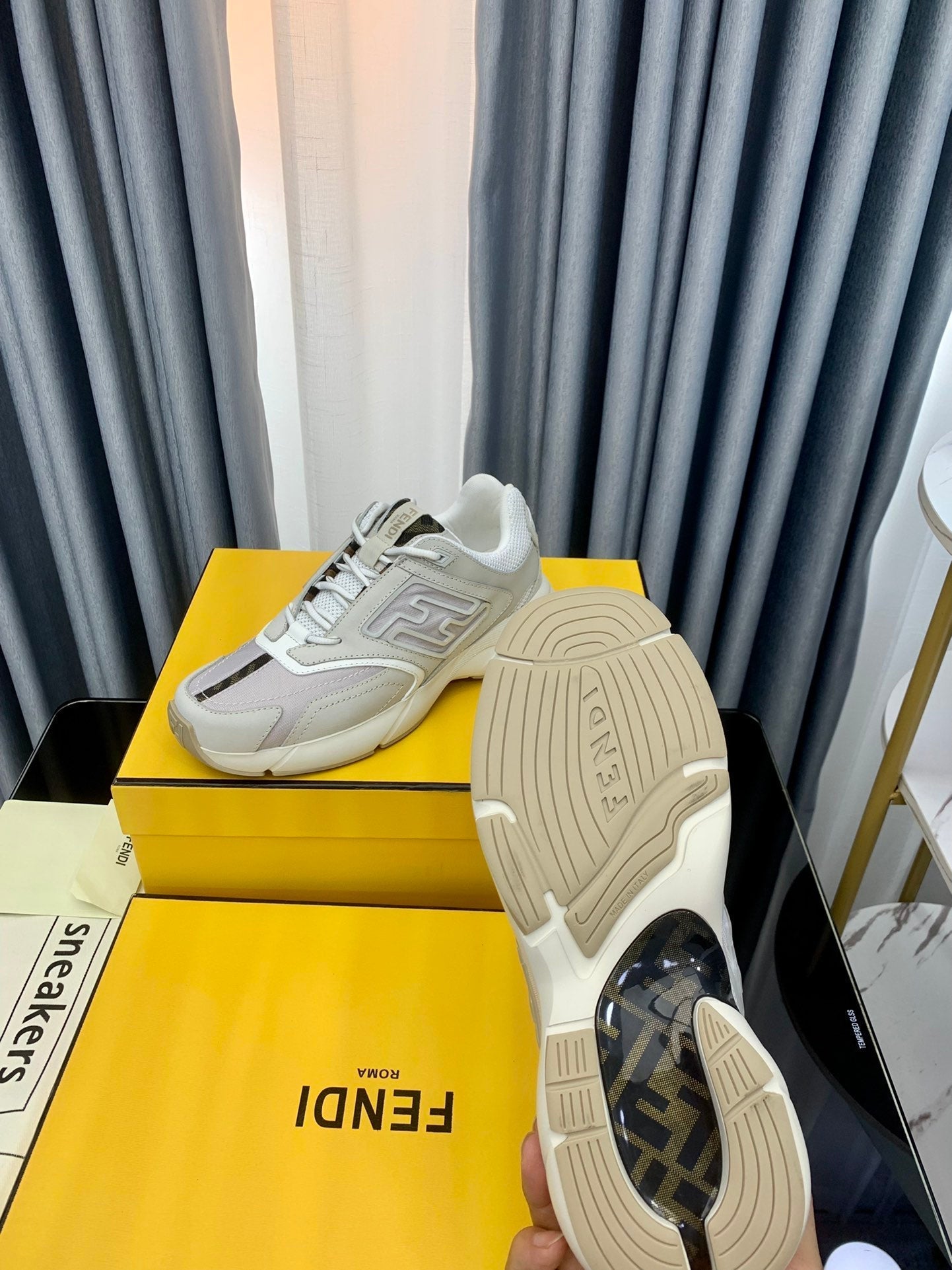 FENDI FASTER TRAINER IN GREY CALFSKIN AND SUEDE