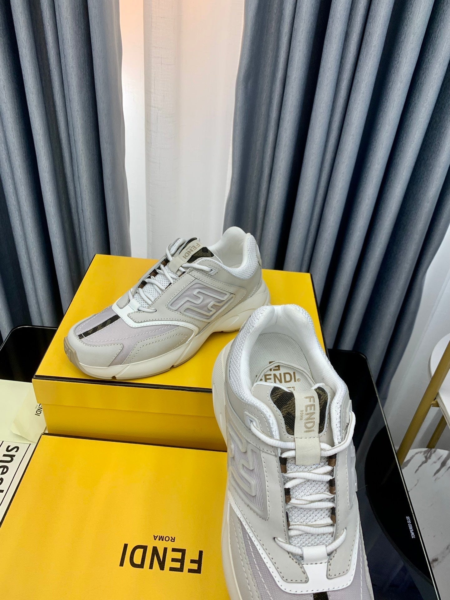 FENDI FASTER TRAINER IN GREY CALFSKIN AND SUEDE