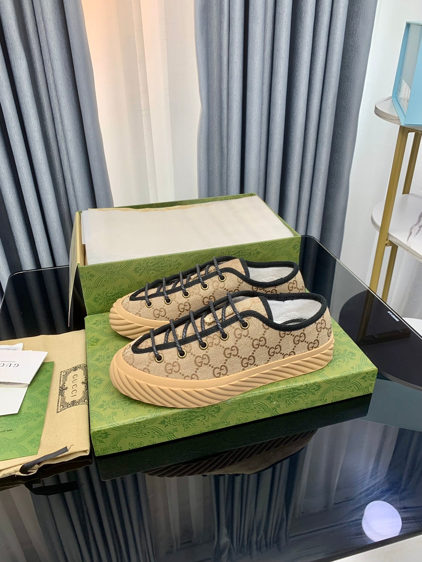 GG UNIQUE SNEAKER THICK-SOLE LIGHT BROWN CANVAS