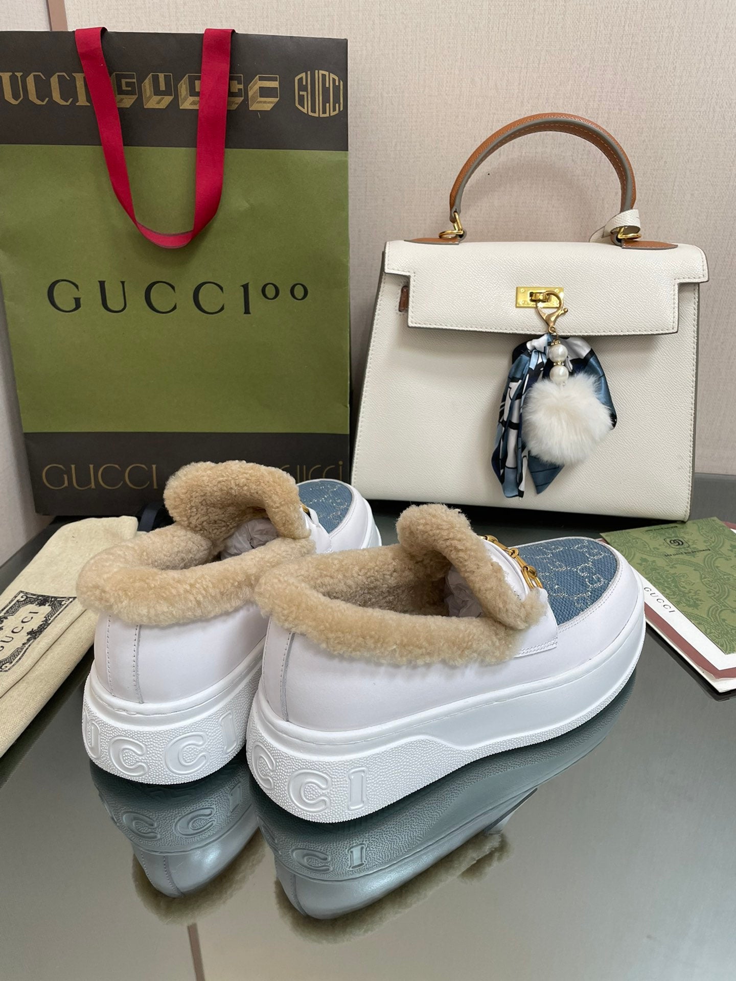 GG LOAFER IN BLUE JACQUARD MIX WHITE CALFSKIN WITH BEIGE WOOL LINING