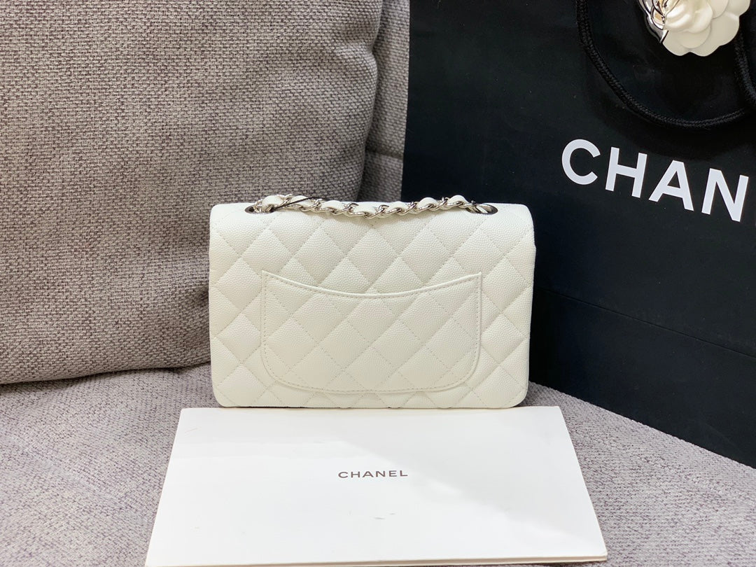 flap bag mini 20cm white caviar silver hardware