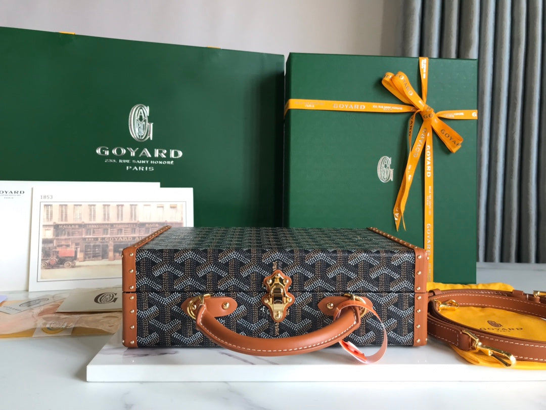 GRAND HÃ”TEL TRUNK BAG 24 IN BLACK GOYARDINE CANVAS AND TAN CALFSKIN