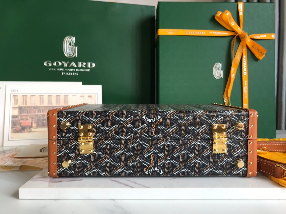 GRAND HÃ”TEL TRUNK BAG 24 IN BLACK GOYARDINE CANVAS AND TAN CALFSKIN