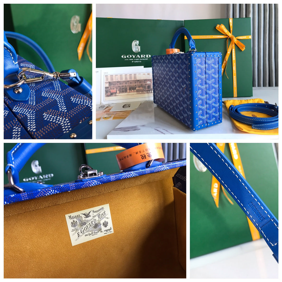 GRAND HÃ”TEL TRUNK BAG 24 IN BLUE GOYARDINE CANVAS AND CALFSKIN