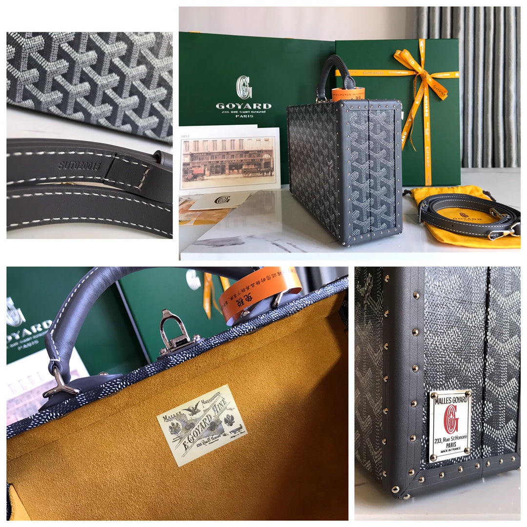 GRAND HÃ”TEL TRUNK BAG 24 IN GREY BLACK GOYARDINE CANVAS AND CALFSKIN