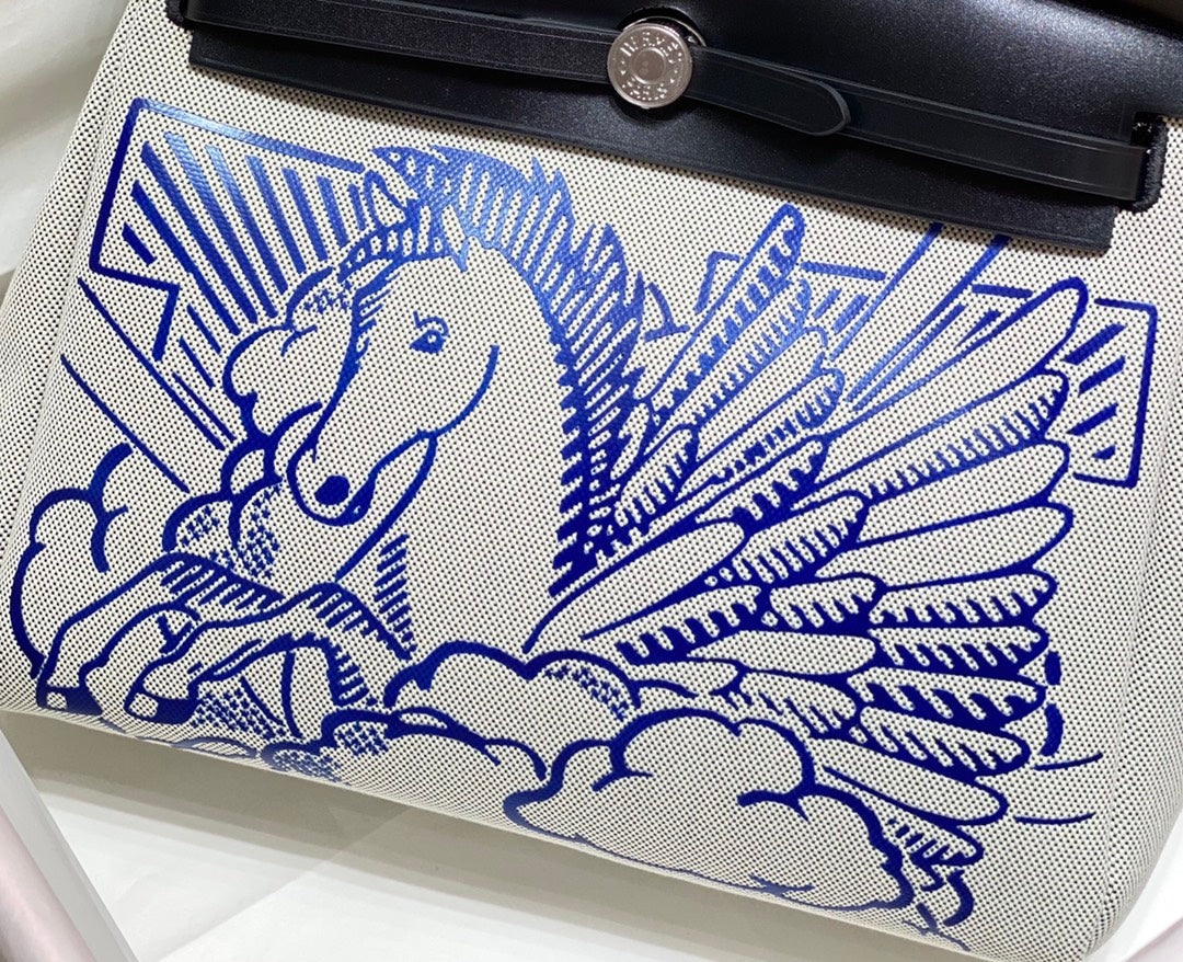 HM Pegase Pop Herbag Zip 31 White Blue Canvas Black Cowhide Leather