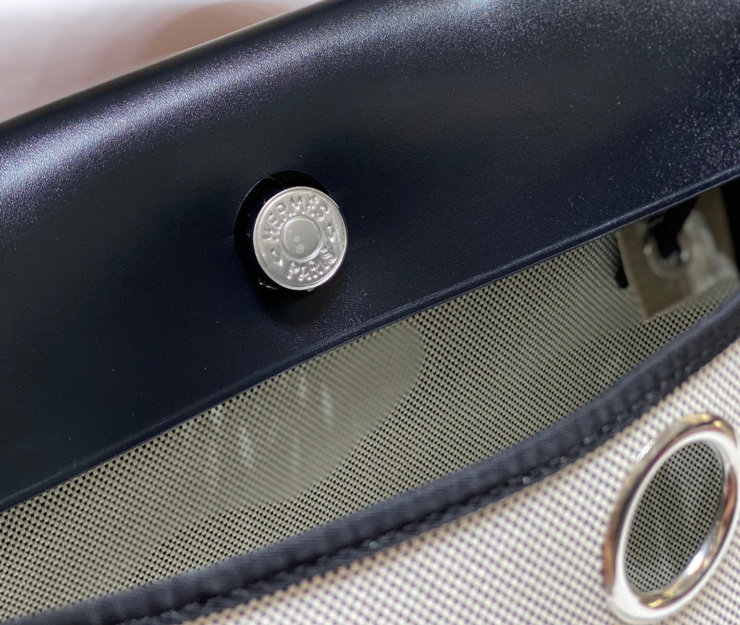 HM Pegase Pop Herbag Zip 31 White Blue Canvas Black Cowhide Leather