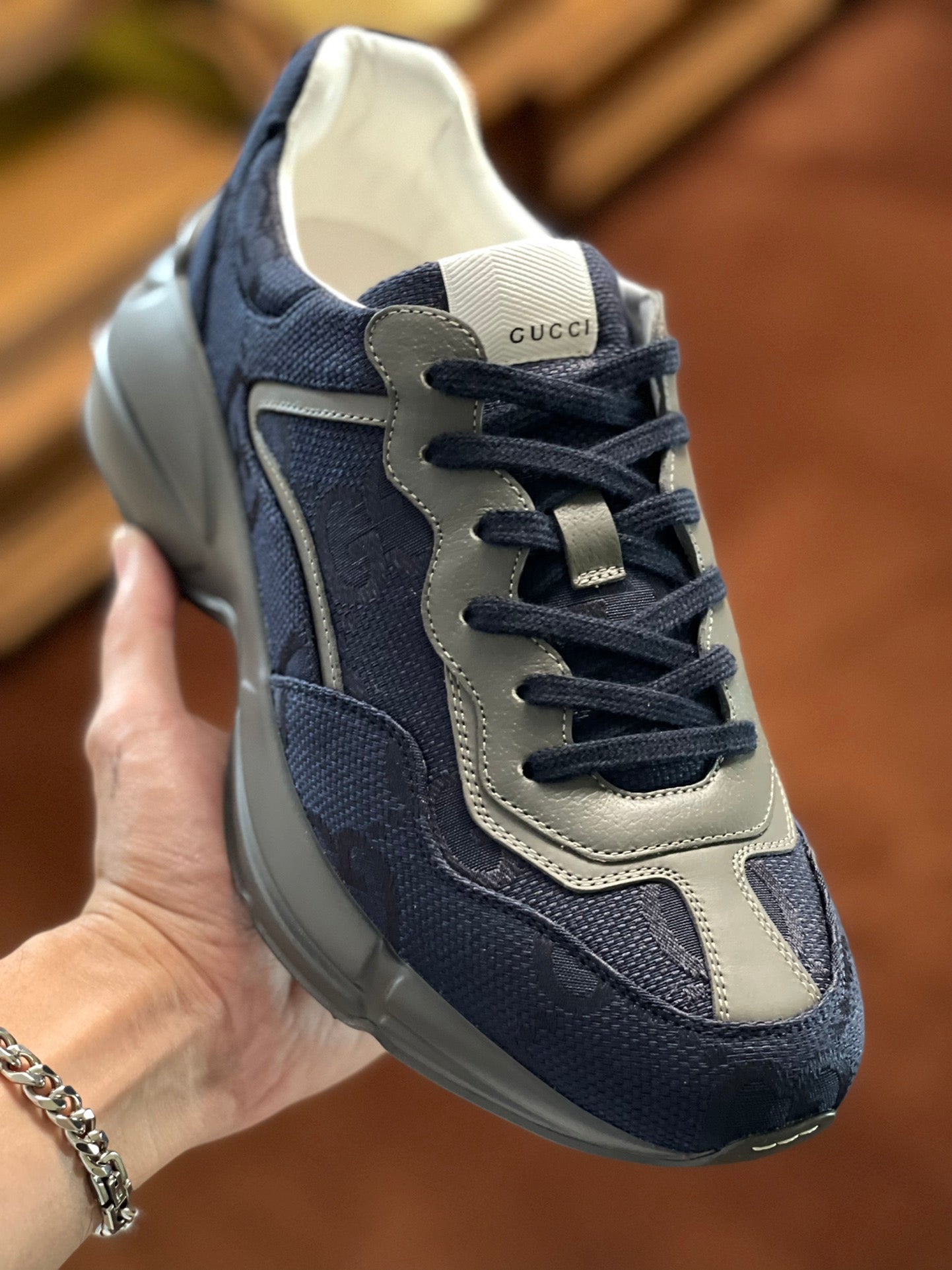 GG Men's Rhyton Sneaker Technical Knit Cowhide 524507