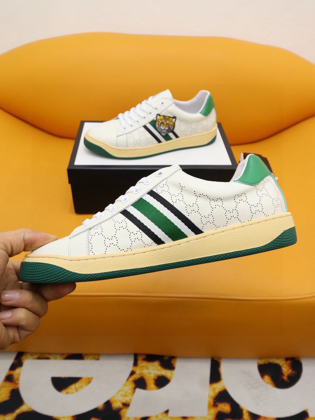 GG Men's Sneaker White Green Cowhide 522946