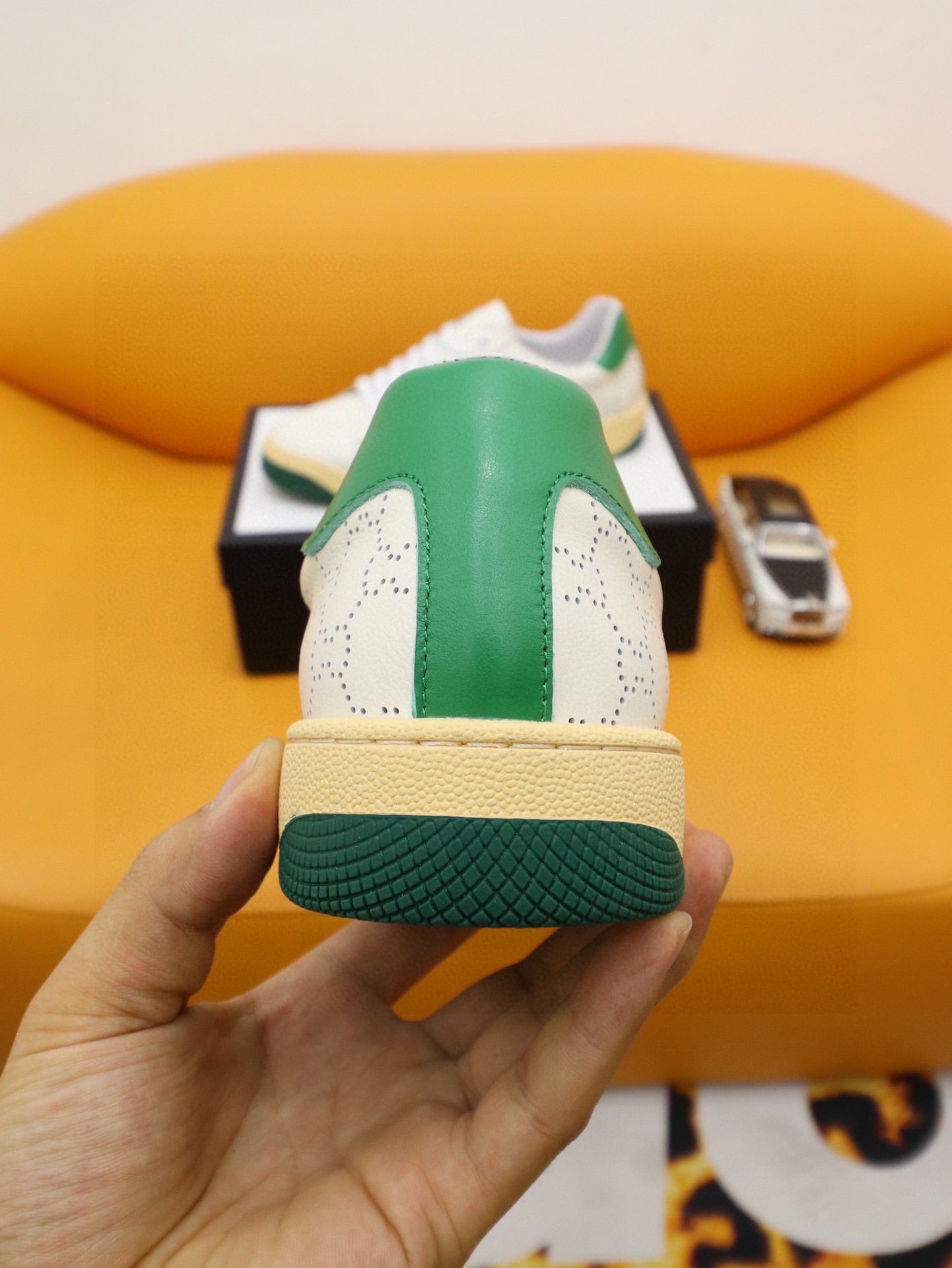 GG Men's Sneaker White Green Cowhide 522946