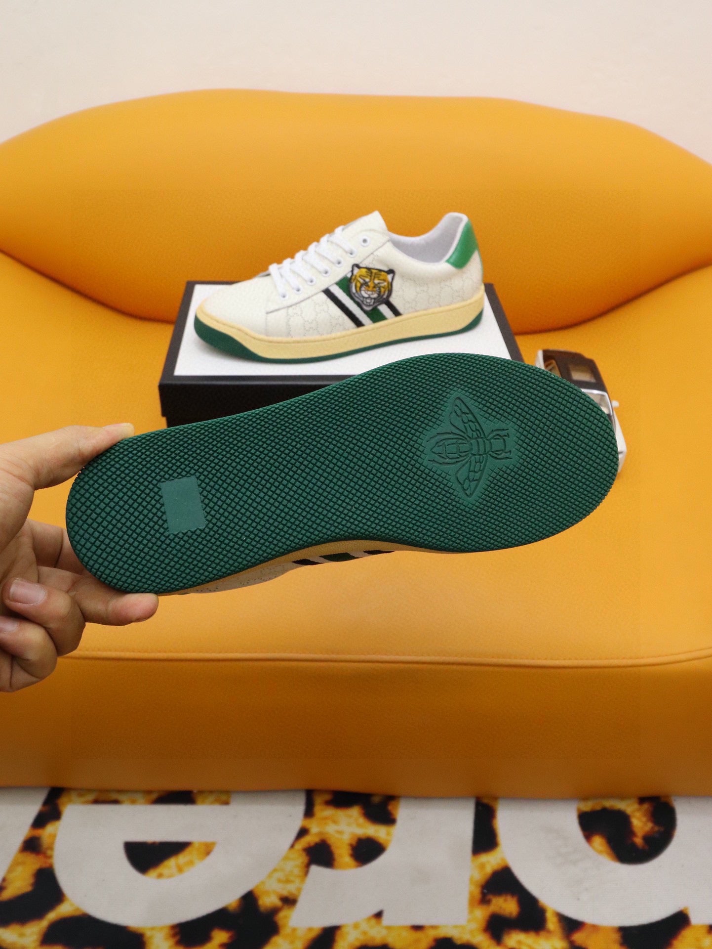 GG Men's Sneaker White Green Cowhide 522946