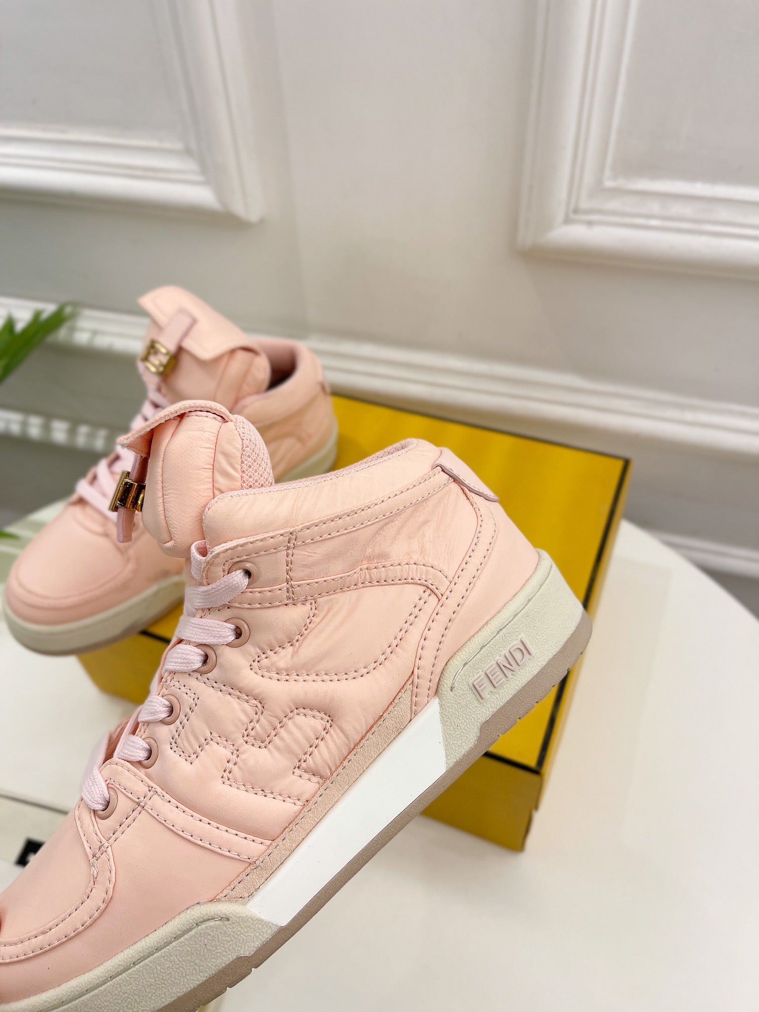 FENDI LOGO SOCK SNEAKER BOOTS IN LIGHT PINK LAMBSKIN