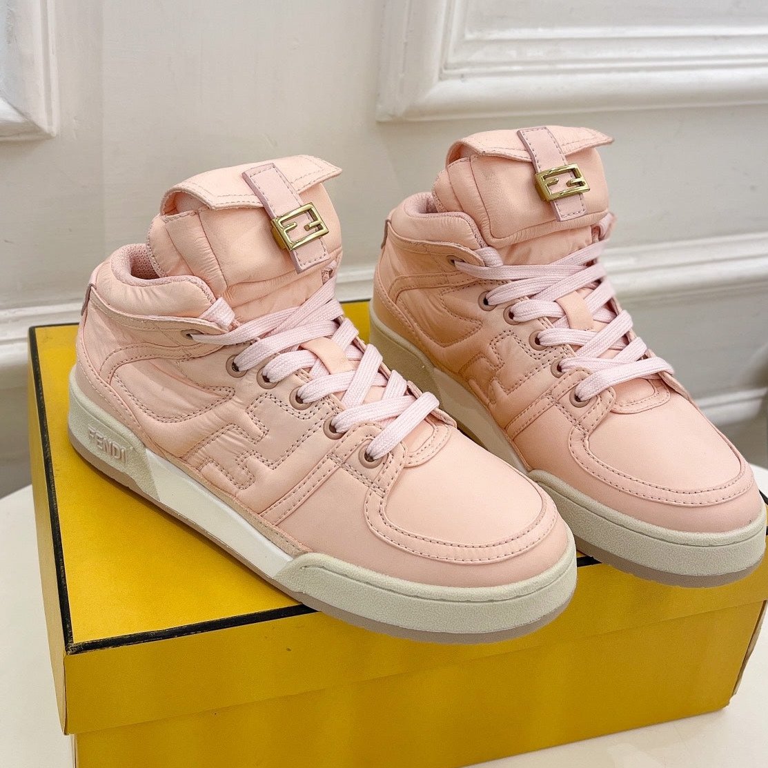 FENDI LOGO SOCK SNEAKER BOOTS IN LIGHT PINK LAMBSKIN