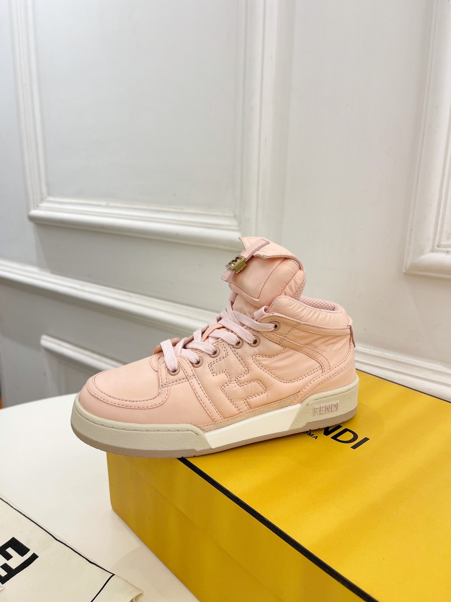 FENDI LOGO SOCK SNEAKER BOOTS IN LIGHT PINK LAMBSKIN