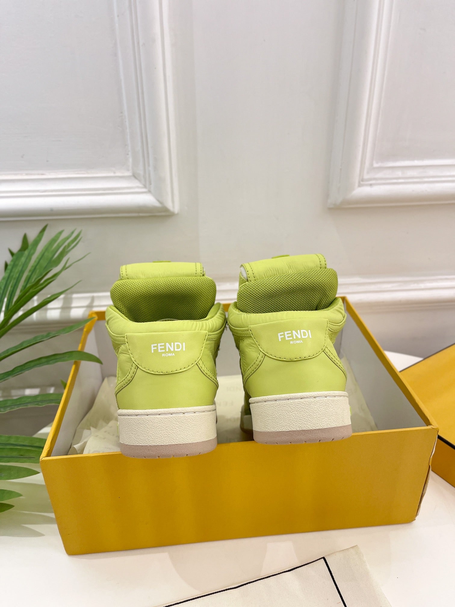 FENDI LOGO SOCK SNEAKER BOOTS IN YELLOWISH GREEN LAMBSKIN