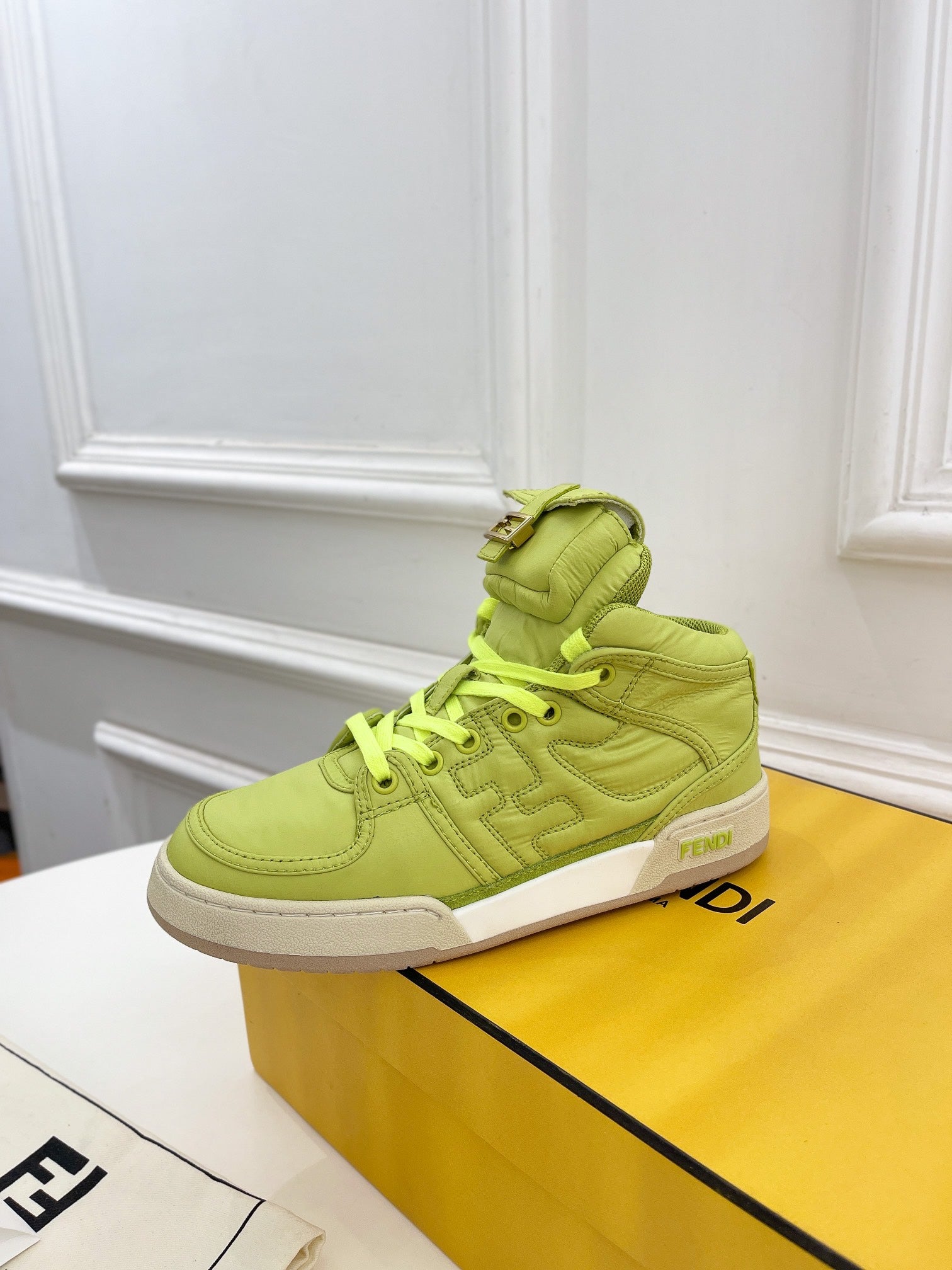 FENDI LOGO SOCK SNEAKER BOOTS IN YELLOWISH GREEN LAMBSKIN